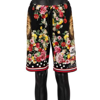 DJ Khaled Sweatshorts with Lion and Flowers Print Black Red