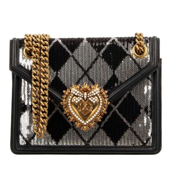 Crossbody Clutch Bag DEVOTION with sequined geometrical pattern, jeweled heart buckle with DG Logo and structured metal chain strap by DOLCE & GABBANA