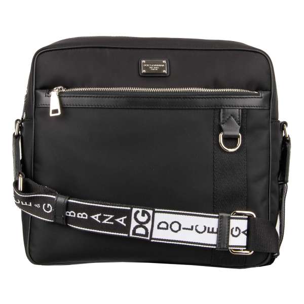 Nylon Crossbody Bag / Messenger Bag with leather details, logo printed strap, logo plate and pockets by DOLCE & GABBANA
