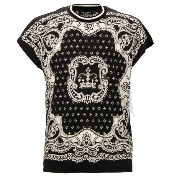Oversize Cotton T-Shirt with Crown and decorative motive in black and white by DOLCE & GABBANA