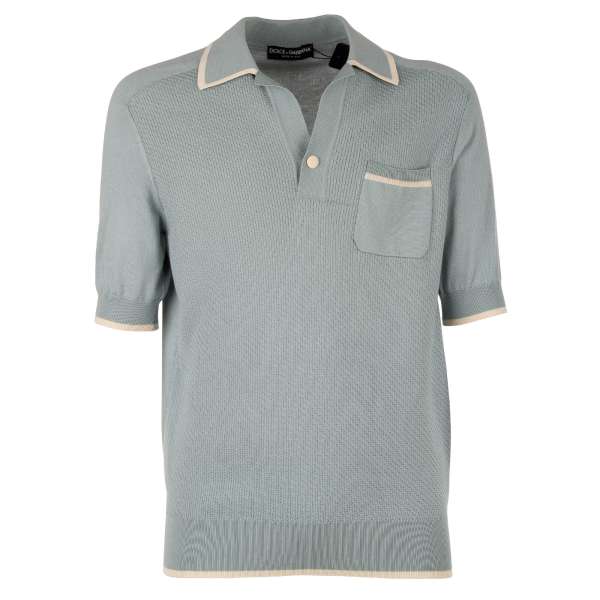 Silk Blend Polo Shirt with contrast details in white and blue by DOLCE & GABBANA