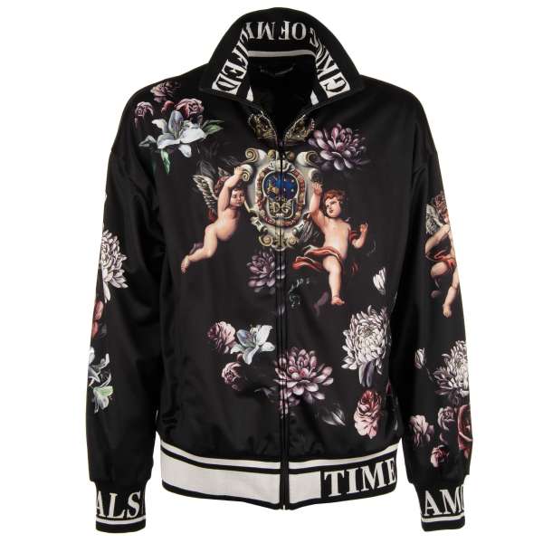 Lightweight track jacket with embroidered angels, flowers and crown print, knitted details with lettering and zip pockets by DOLCE & GABBANA