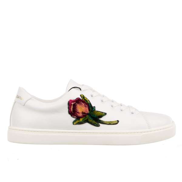 Leather Sneaker LONDON with AMORE and Rose patches in white by DOLCE & GABBANA