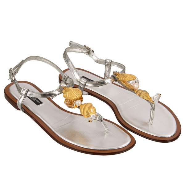 Leather Sandals INFRADITO embellished with brass shells, crystals and pearls in gold and silver by DOLCE & GABBANA 