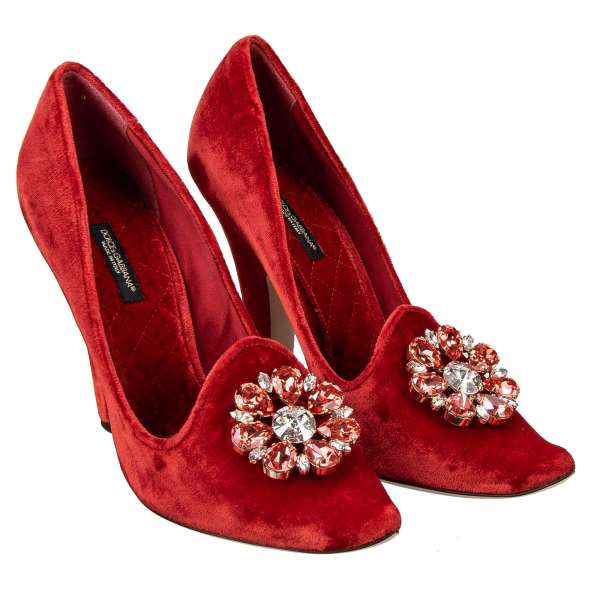 Velvet Pumps ALADINO with crystals brooch in red by DOLCE & GABBANA Black Label