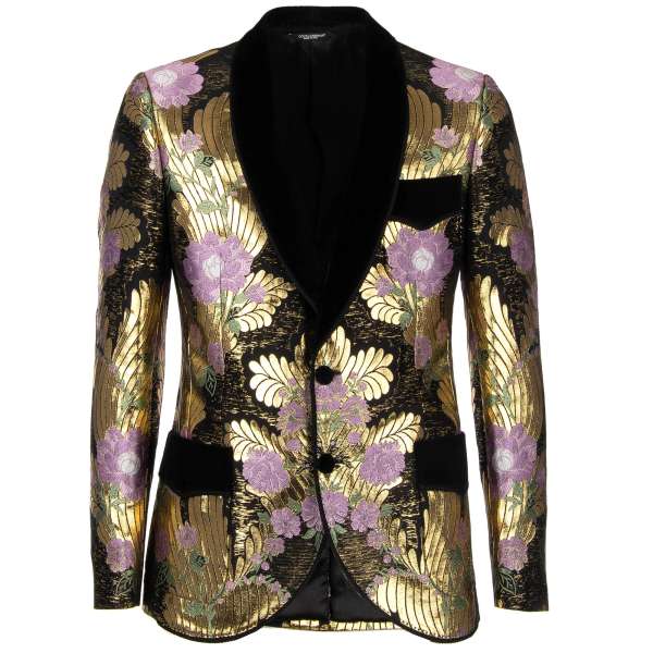 Lurex Tuxedo Blazer im Barock-Stil mit floralem Muster und schwarzem Kontrast Revers und Taschen aus Samt von DOLCE & GABBANA