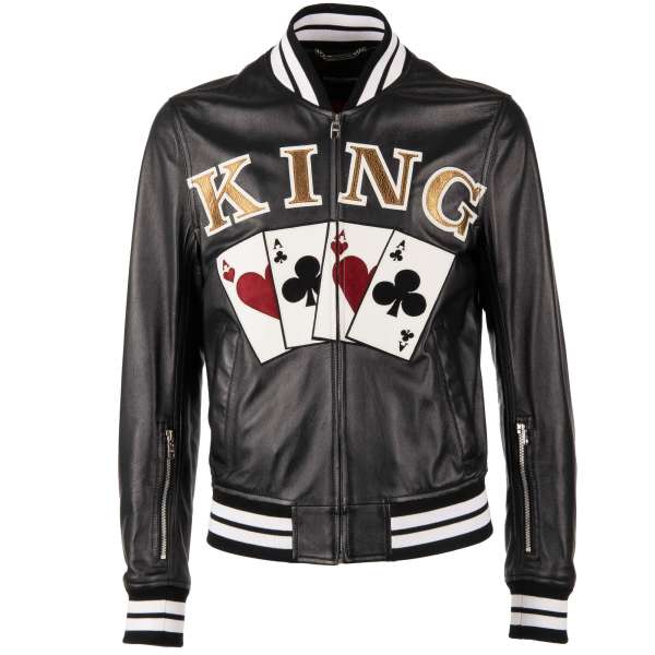 Nappa Leather Bomber Jacket with embroidered playing cards and KING letters and hidden sleeves pockets by DOLCE & GABBANA