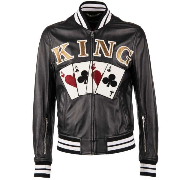 Bomberjacke aus Nappa Leder mit bestickten Spielkarten und KING Buchstaben und in Ärmeln versteckten Taschen von DOLCE & GABBANA