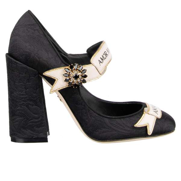 Brocade Mary Jane Pumps VALLY in black with crystals buckle and leather banner by DOLCE & GABBANA