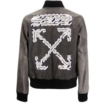 Distressed Airport Tape Varsity Bomber Jacket with Logo Black Gray M