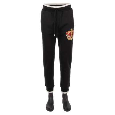 Cotton Jogging Pants with Embroidered Crown and Logo Black