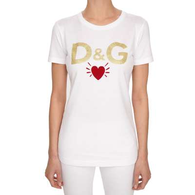 DG Logo Herz Gold Patch Baumwolle T-Shirt Weiß Rot IT 40 DE 34