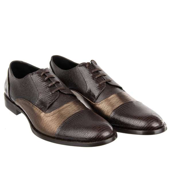Exclusive formal patchwork derby shoes NAPOLI made of structured leather in brown and bronze by DOLCE & GABBANA