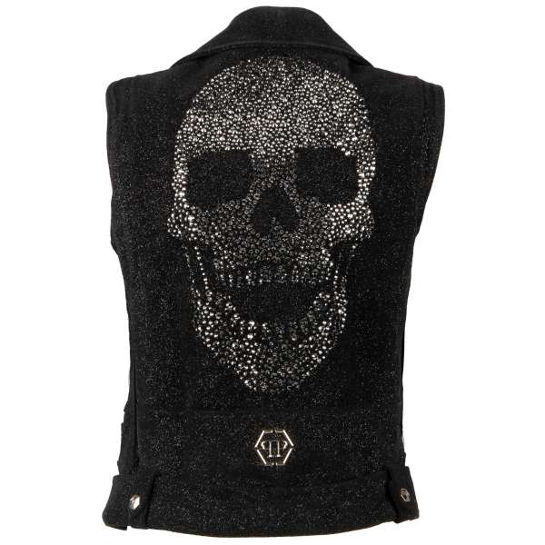 Biker style suede Vest Jacket QUAGADOUGOU with zip pockets, belt, logo and studded skull at the back in black by PHILIPP PLEIN COUTURE