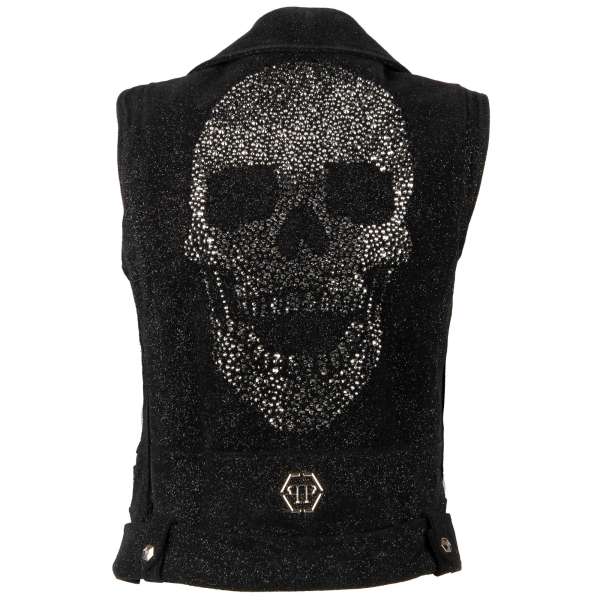 Glitzer Biker Stil QUAGADOUGOU Weste Lederjacke aus Wildleder mit Reißverschluss Taschen, Gürtel, Logo und Totenkopf aus Nieten am Rücken in Schwarz von PHILIPP PLEIN COUTURE