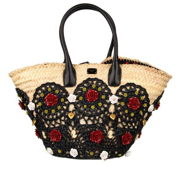 Large Sicily style jeweled straw basket tote bag / beach bag KENDRA with double handles, logo plate, embellished with roses, brooches and heart pendants by DOLCE & GABBANA