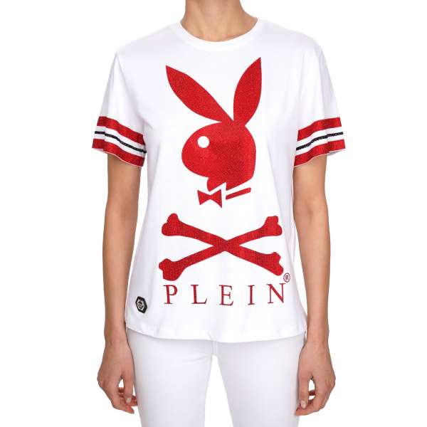 T-Shirt für Damen mit Playboy Plein Bunny Logo und PLEIN Schriftzug aus Strass vorne und PLAYBOY X PLEIN Schriftzug aus Strass hinten von PHILIPP PLEIN X PLAYBOY