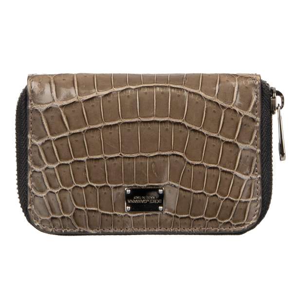 Crocodile leather zip around wallet with DG metal logo plate in khaki by DOLCE & GABBANA
