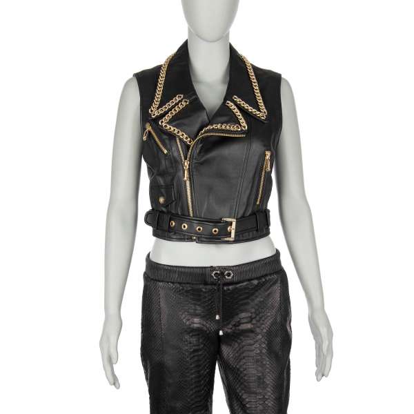 Short biker style leather Vest Jacket ELLE with chains in gold and black by PHILIPP PLEIN COUTURE