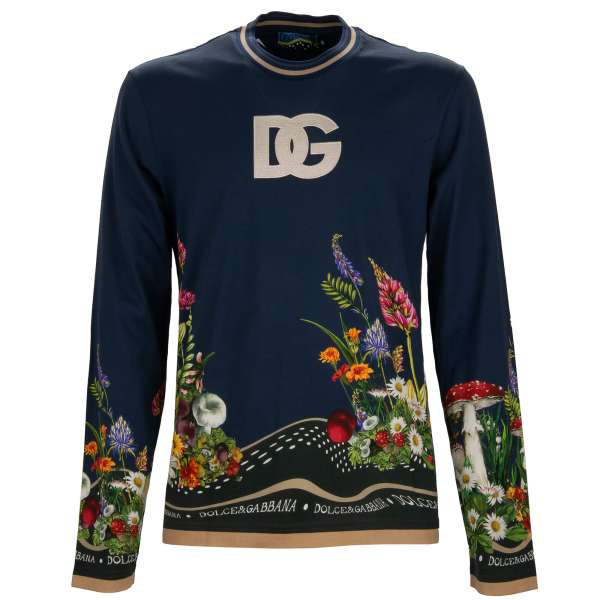 Longsleeve sweatshirt with DG embroidered logo and floral pattern in blue by DOLCE & GABBANA