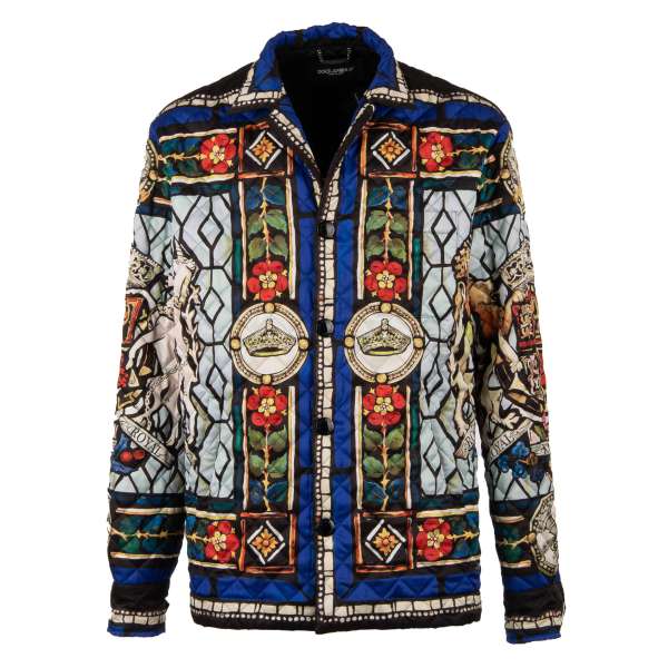 Quilted silk Royal King jacket with heraldry, lions, crowns and flowers print, pockets and snap button closure by DOLCE & GABBANA