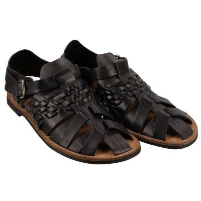Rome Woven Leather Buckle Sandals Shoes Black Brown