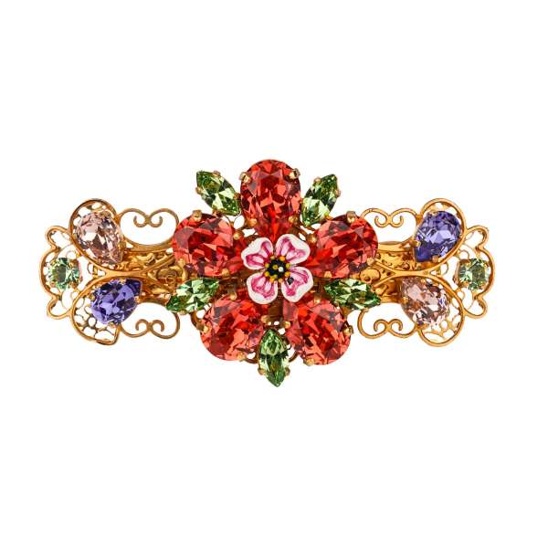 Filigrane Haarspange mit handbemahlter Blume und Kristallen in Gold, Pink, Lila und Grün von DOLCE & GABBANA