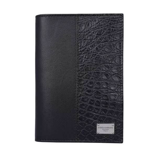 Crocodile and calf leather passport cover with DG metal logo plate in black by DOLCE & GABBANA