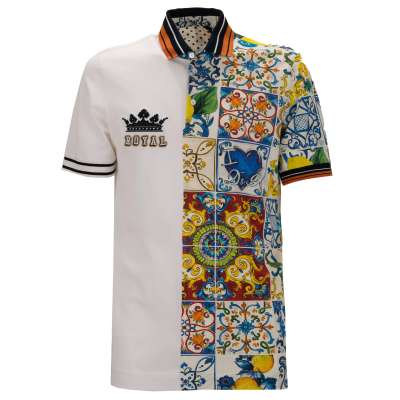 Crown Majolica Print Cotton Polo Shirt Blue White 48 38 M