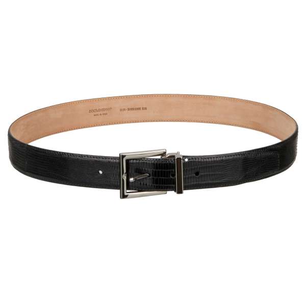 Lizard leather belt with silver metal buckle in black by DOLCE & GABBANA