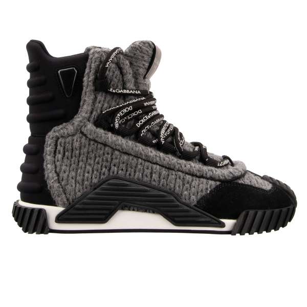 High Top Lace Sneaker NS1 with wool elements and DG logo in gray and black by DOLCE & GABBANA