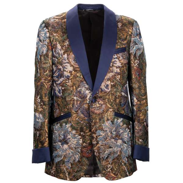 Glänzender Jacquard Tuxedo Blazer mit floralem Muster und Kontrast Schal-Revers aus Seide in Gold und Blau von DOLCE & GABBANA