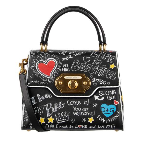 Mural Graffiti Printed leather Tote / Shoulder Bag WELCOME Medium with double handle and letterings "Life is Beautiful", "Kiss Me", "I Love My Bag", "Hey Girl", "Take a Selfie" and others by DOLCE & GABBANA