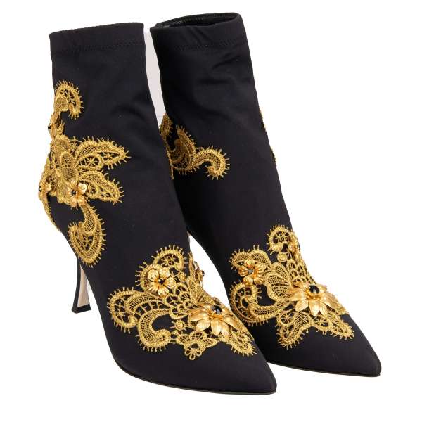 Elastische Pumps LORI mit Barock Spitze Stickerei und Messing Kristall Blumen in Gold und Schwarz von DOLCE & GABBANA