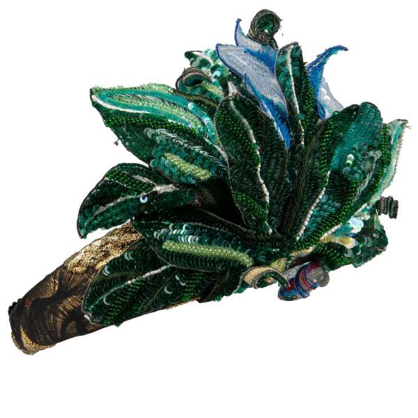 Haarreif aus Seide und Lurex Mischung verziert mit handbestickten Pailletten und Perlen Blättern in Grün und Blau von DOLCE & GABBANA