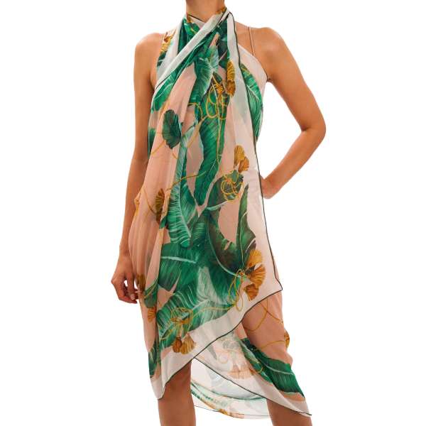  Large banana leaf printed silk Scarf / Foulard / Pareo in green, pink and white by DOLCE & GABBANA