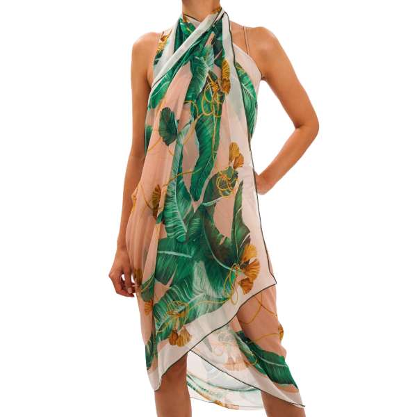 Großer Schal / Foulard / Pareo aus Seide mit Bananen Blättern und Logo Print in Pink, Grün und Weiß von DOLCE & GABBANA
