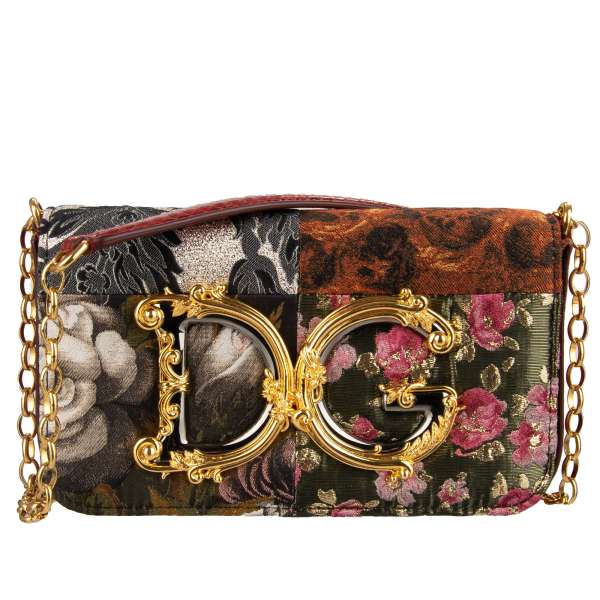 Floral printed Patchwork Clutch / Crossbody Bag DG GIRLS made of brocade and snakeskin with a large enameled baroque style DG Logo and vintage chain strap by DOLCE & GABBANA