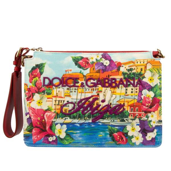 Unisex Clutch Tasche / Schultertasche BOOK aus Canvas und Leder mit Ibiza Postkarten Print, Logo Stickerei und abnehmbaren Schulterriemen und Anhänger von DOLCE & GABBANA