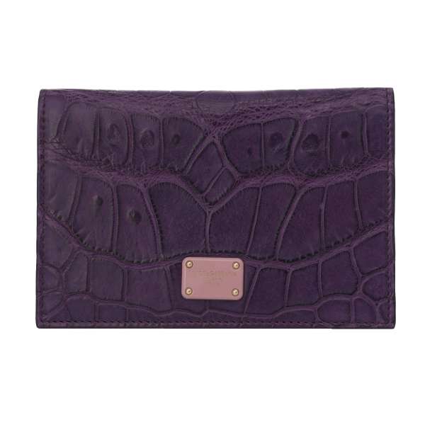 Crocodile leather cards wallet with DG logo plate and extra cards etui in purple and pink by DOLCE & GABBANA