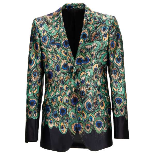 SICILIA Tuxedo Sakko aus Seide mit Pfau Feder Motiv Print in Grün und Schwarz von DOLCE & GABBANA