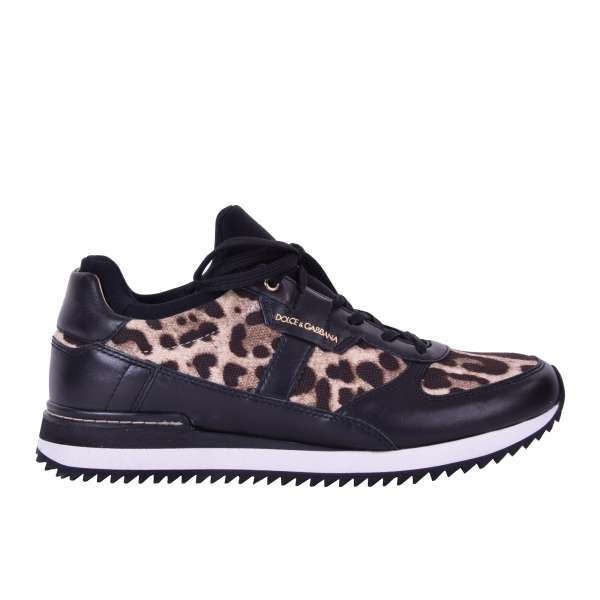 Calfskin and Canvas Ladies Sneaker NIGERIA with leopard print and logo by DOLCE & GABBANA Black Label