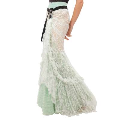 Baroque Princess Tulle Lace Long Skirt Beige Green