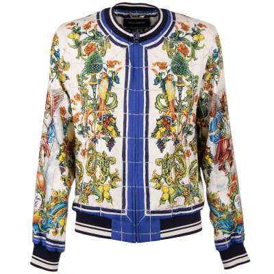 Majolica Baroque Printed Silk Bomber Jacket Blue White 44 XS