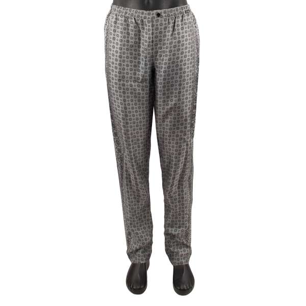 Silk Pyjama Pants with geometric floral print with pocket in gray by DOLCE & GABBANA