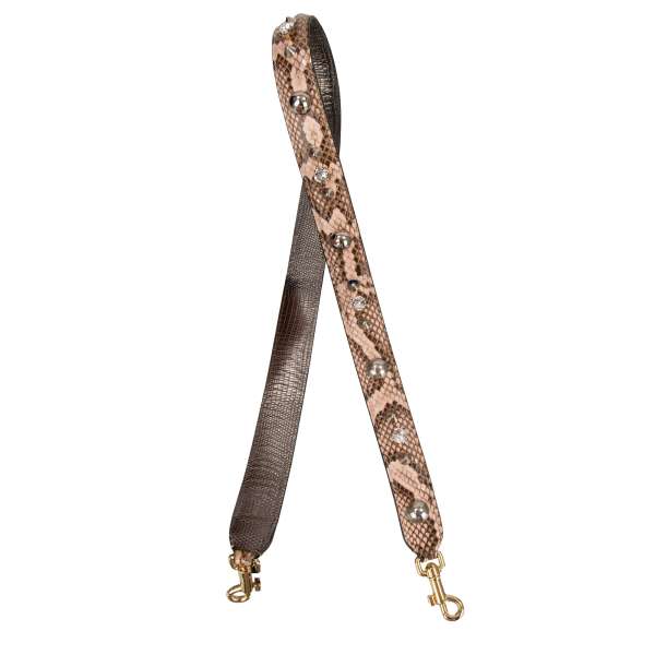 Dauphine and snake leather bag Strap / Handle with studs, pearl and crystal applications in brown, pink, silver and gold by DOLCE & GABBANA