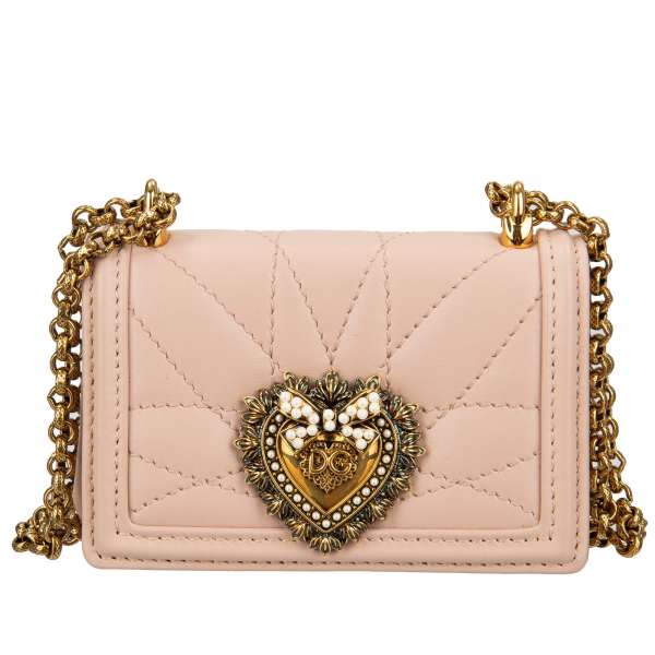 Nappa Leather Crossbody Clutch Bag DEVOTION Micro with jeweled heart buckle with DG Logo and structured metal chain strap by DOLCE & GABBANA