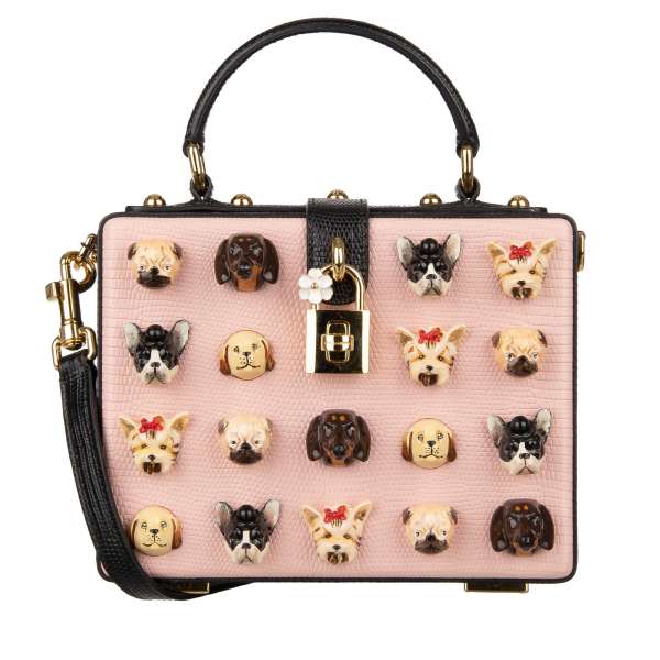 Unique iguana textured leather clutch / shoulder bag DOLCE BOX with 3d dog heads applications and decorative padlock with enamel flower by DOLCE & GABBANA
