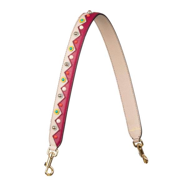 Dauphine leather bag Strap / Handle in beige and red with multicolor studs by DOLCE & GABBANA