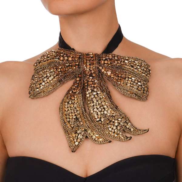 Chocker silk necklace ribbon with hand-embroidered crystals and pearls in black and gold by DOLCE & GABBANA